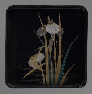 Tray, Meiji period 1868–1912, Japan. Lacquer tray depicting irises and herons in kachôga style.