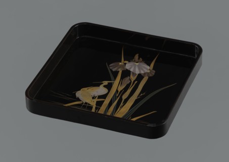 Tray, Meiji 1868–1912, Japan. Painted tray depicting irises and herons kachôga iconography.