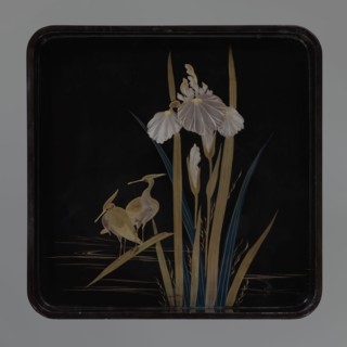 Tray, ; subject: two wading herons and a clump of irises kachôga; wooden tray covered with black