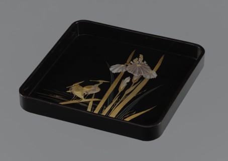 Tray, ; wooden tray covered with black roiro lacquer; decoration: two wading herons and a clump of