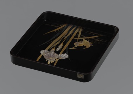 Tray, gift; wooden tray covered with black roiro lacquer; decoration: two wading herons and a clump
