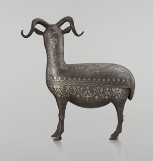 Ram, Islamic art, Persian, Qajar dynasty 1785–1925, sculpture; animal figurine of a ram with horns;