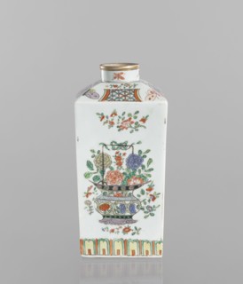 Bottle, vessel, Chinese, 18th century, porcelain; decorated on each side with a basket of peonies,