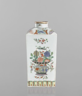 Bottle; decorated colored porcelain vessel, 18th century, China. Decorated on each side with a