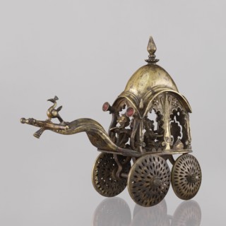 Miniature of a chariot, 19th century, India, model; materials not specified. Depicts a bird perched