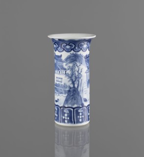 Flute-type vase, ceramic blue-and-white porcelain, Chinese, 17th–18th century, landscape motifs,