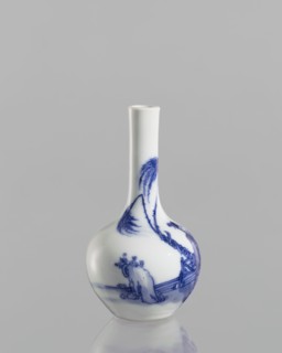 Vase-bottle, blue and white porcelain, figural scenes and landscape motifs; Chinese, Kangxi period