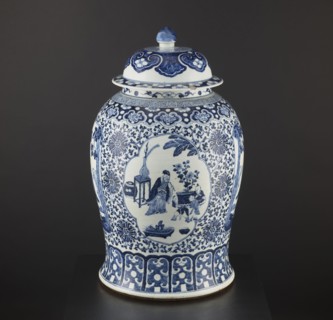 Pot with cover; maker, resource pots; blue-and-white porcelain; Chinese; plant motifs and mountain