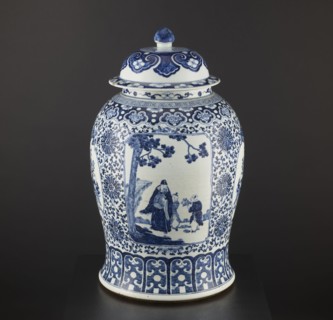 Pot with cover, blue-and-white porcelain, plant motifs and mountain landscapes, decorative vessel,