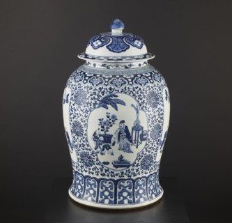 Pot with cover, blue-and-white porcelain, Chinese; plant motifs and mountain landscapes; decorative