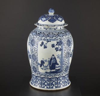 Pot with cover, resource pots, blue-and-white porcelain, Chinese art, plant motifs and mountain