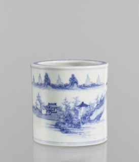 Brush vessel, ceramics, blue and white porcelain, Chinese, 18th century, China; landscape motifs;