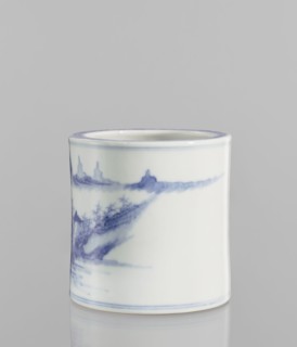 Brush vessel, ceramic, blue and white porcelain, Chinese, 18th century, China; decorated with