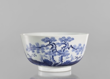 Bowl, ceramics, blue and white porcelain, inscriptions, landscape motifs, fishermen; Chinese, Qing