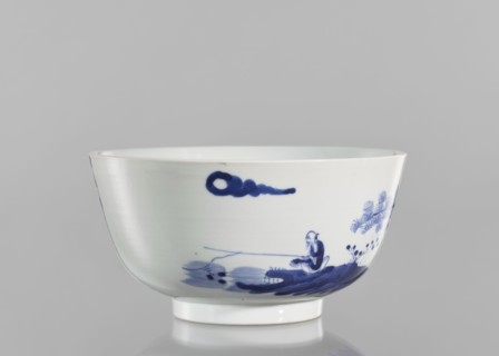 Bowl, ceramics, blue and white porcelain, inscriptions, landscape motifs, fishermen, Chinese