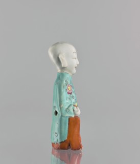 Boy with ruyi — incense burner, Chinese, 19th century, colored porcelain, Ming style, ruyi scepter