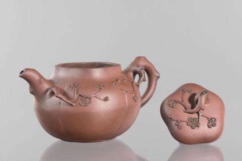Teapot with a peach-shaped lid;, Red stoneware teapot, Yixing style; handle and spout shaped like