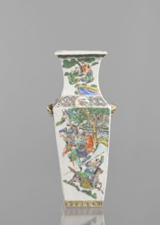 Vase, Chinese, 18th century. Colored porcelain vessel with figurative genre and battle scenes.