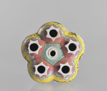 Vase in the shape of five connected vases on a base, Chinese, colored porcelain, dragons and floral