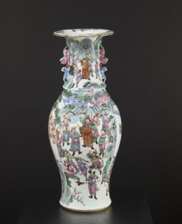 Vase, Chinese, 19th century, colored porcelain; decorated with battle scenes, figural scenes, court