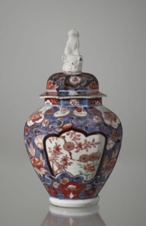 Vase with cover, Japanese ceramics imari, 18th century Edo period, Japan. Portrays flowers, tree,