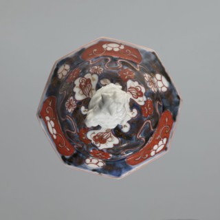 Vase with cover, Japanese, imari porcelain decorated with flowers, tree, bamboos, peonies, and