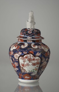Vase with cover;, Japanese, Edo period 18th century; porcelain, Imari style; decoration: flowers,
