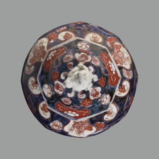 Vase with cover, maker, Japanese Imari porcelain vessel depicting flowers, tree, bamboos, peonies,