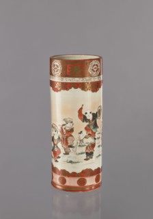 Vase, Kutani; porcelain cylinder vessel decorated with figurative scenes of one hundred sons boys