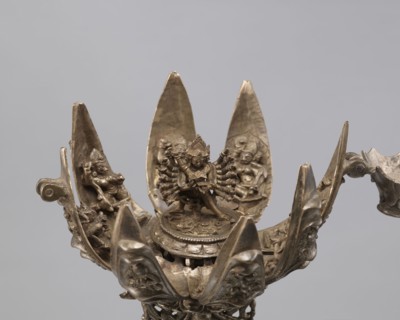 Lotus flower with Buddhist deities, 19th century, Nepal, bronze cult object in the form of a lotus