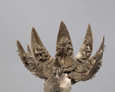 Lotus flower with Buddhist deities, 19th century, Nepal; bronze lotus mandala depicting Hevajra and