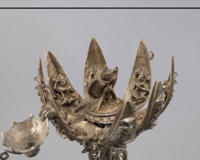 Lotus flower with Buddhist deities, 19th century, Nepal, cult object; bronze lotus mandala