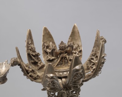 Lotus flower with Buddhist deities, 19th century, Nepal, cult object; bronze lotus mandala