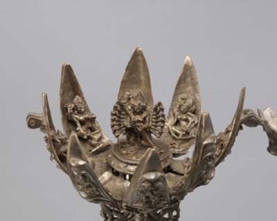 Lotus flower with Buddhist deities, 19th century, Nepal; bronze/lotus mandala depicting Hevajra and