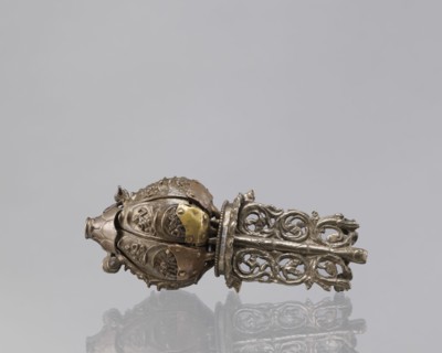 Lotus flower with Buddhist deities, 19th century, Nepal, bronze; cult object depicting lotus and