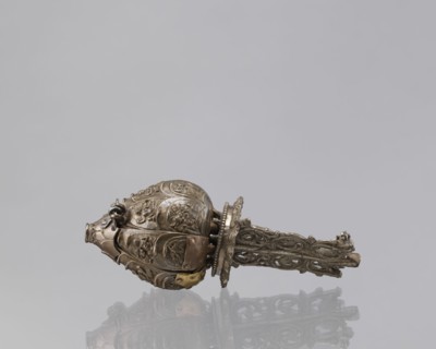Lotus flower with Buddhist deities, 19th century, Nepal; bronze cult object depicting a lotus