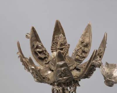 Lotus flower with Buddhist deities, 19th century, Nepal, lotus mandala of Hevajra and Nairatmya;