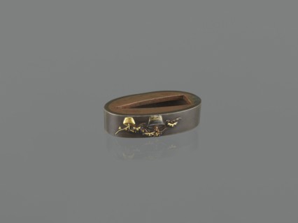 Sword hilt cap kashira, Melee weapon hilt cap decorated with two flowerpots: one with a dwarf pine