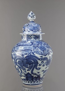 Vase with cover, Japanese, Edo period Genroku–Kyoho, ca. 1690–1730, Arita porcelain, blue-and-white