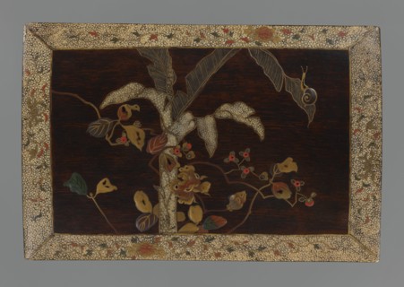 Panel, Japanese art, Japanese culture, snails, leaves, peonies, plant motifs, banana trees, Meiji