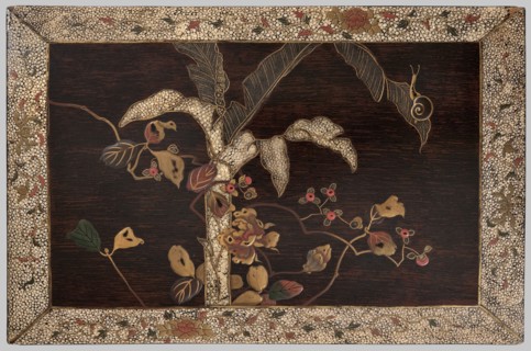 Panel, Japanese art, Japanese culture, snails, leaves, peonies, plant motifs, banana trees, Meiji