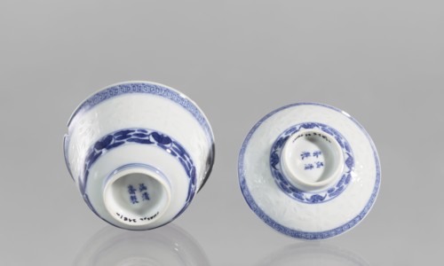 Bowl on a base with a lid, ceramic, rice porcelain, geometric ornament, rice pattern, plant