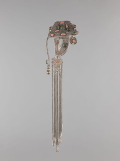 Headgear ornament coif, 19th century, Mongolia. Made of silver with ear cuffs; filigree. Category: