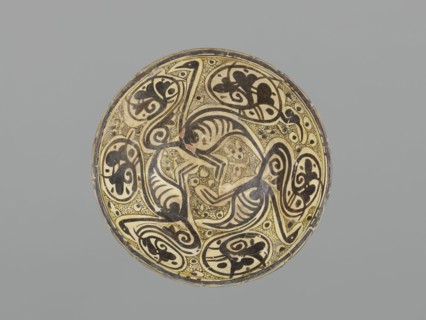 Bowl, maker, 10th century; Nishapur, Iran; Persian Islamic ceramic vessel decorated with images of