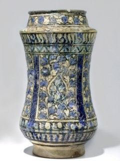 Albarello, 14th century Iran, Persian, Islamic art. Ceramic albarello vessel with floral/plant