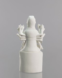 Guanyin on a lotus throne, Chinese, Blanc de Chine porcelain sculpture, 18th century, Fujian,