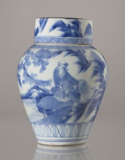 Storage vessel with lid by Zôshuntei Sanpo c. 1842–1878. Pear-shaped blue-and-white porcelain