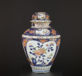 Vase tsubo with cover, Japanese, Imari ware, Edo period 1603–1868, decorated with plum trees,