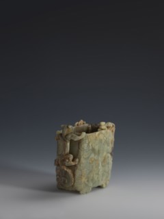 Vessel., Chinese, Qing dynasty 1644–1911, early 18th century. Gray-green jade, hollowed; bas-relief