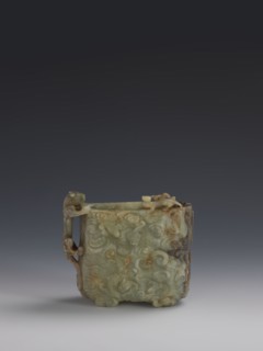 Vessel., Chinese; Qing dynasty 1644–1911. Early 18th century. Gray-green jade, hollowed; bas-relief
